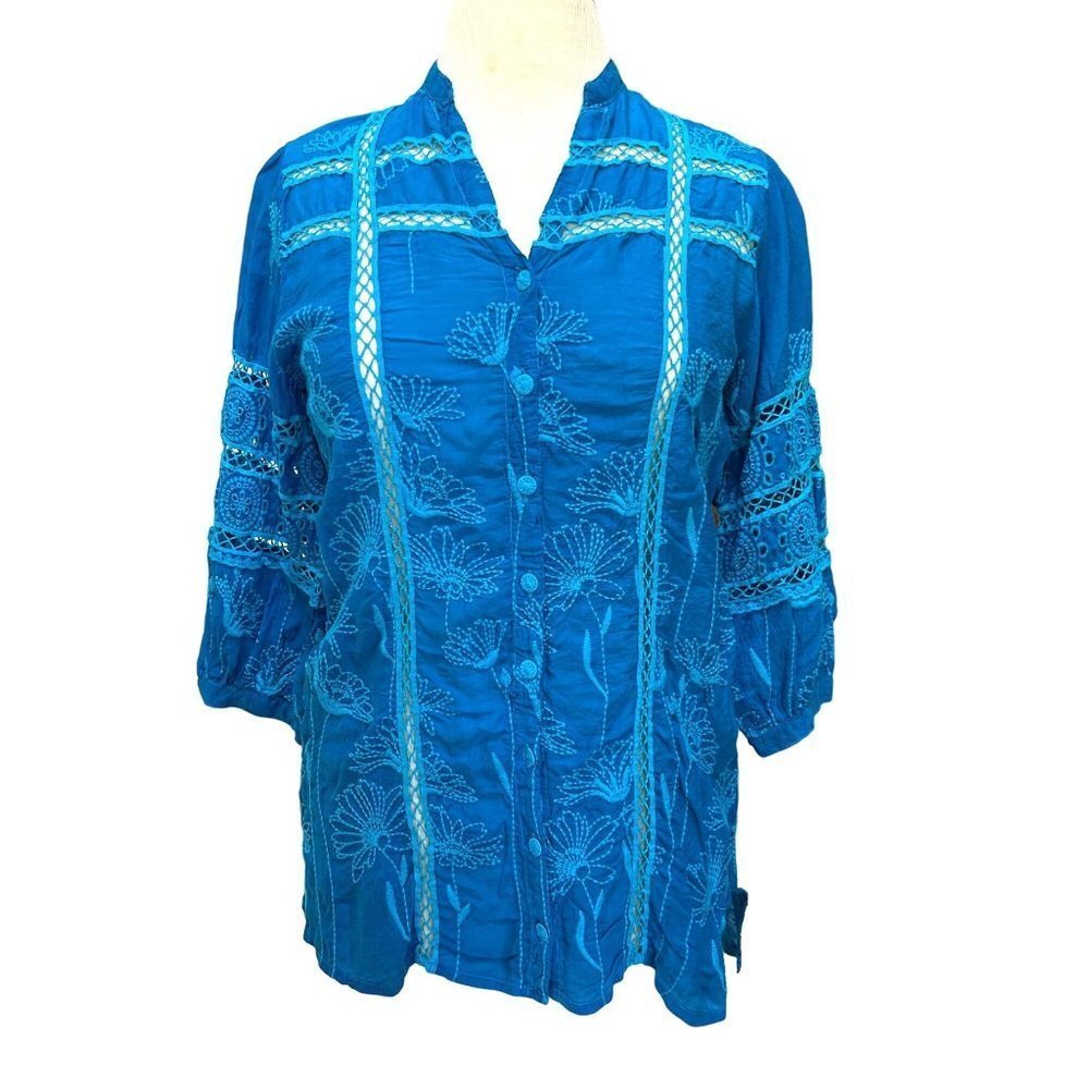 Johnnie Was Blouse Women Small Blue Boho Tunic Embroidered Casual Daisy Pela